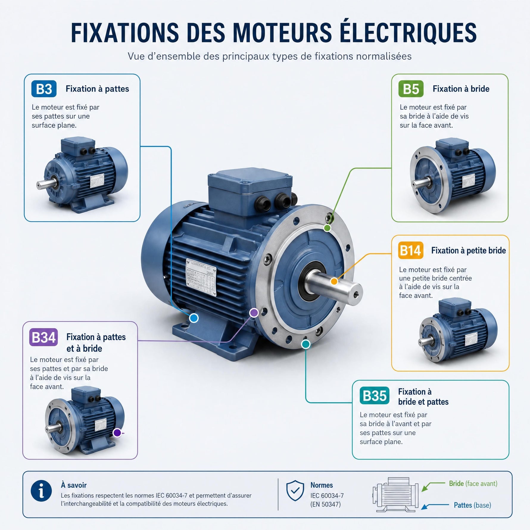 Comment savoir la fixation de son moteur électrique : guide des montages B3, B5, B14, B34 et B35