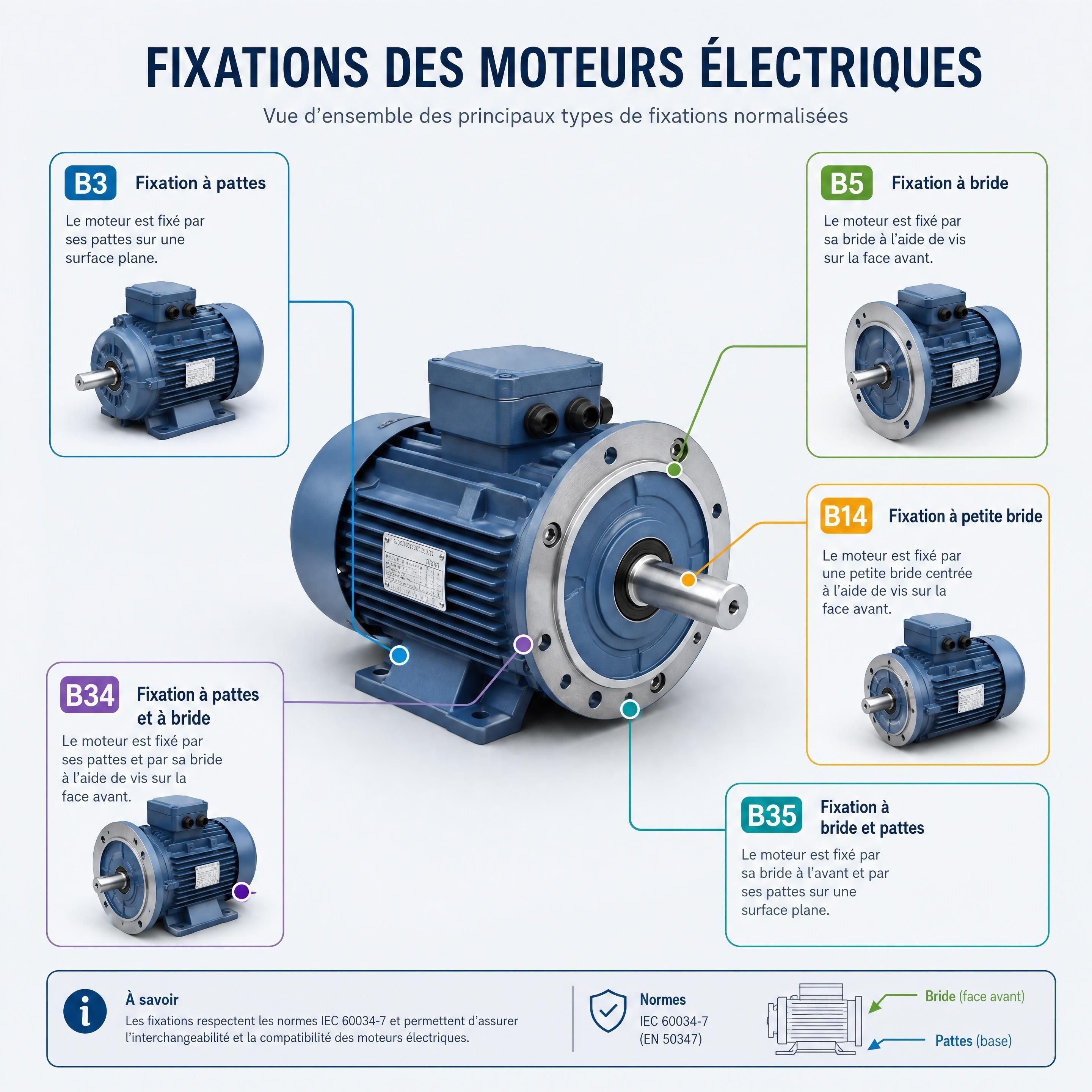 Comment savoir la fixation de son moteur électrique : guide des montages B3, B5, B14, B34 et B35